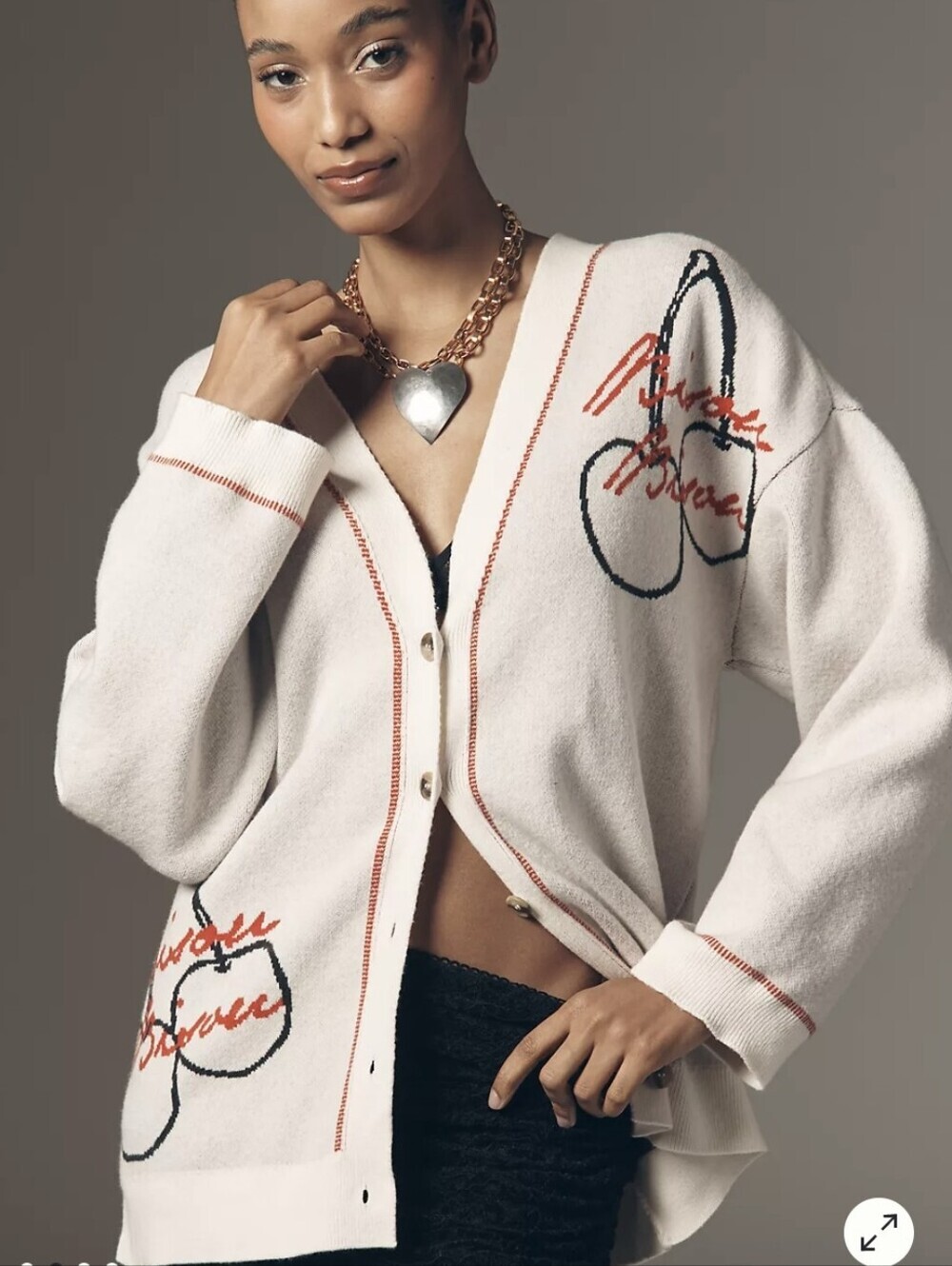 Anthropologie Cream Cardigan with Red and Black Script